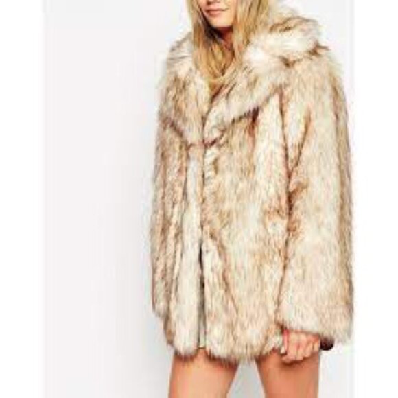 💋BOHO CLAM💋VTG 70s Vibe Lux Chunky Vegan Topped Fox Fur Coat in Beige & Black - Picture 3 of 16